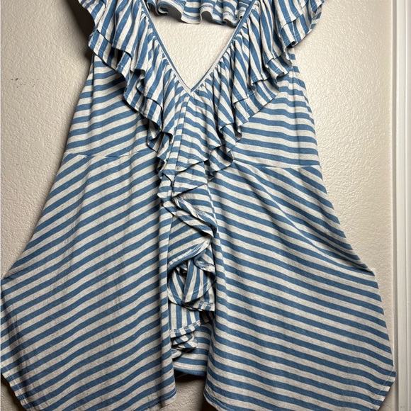 FP Beach Soft Blue Striped Tunic/Dress/Coverup. Open Back Detail, Ruffle Front. - Picture 7 of 16